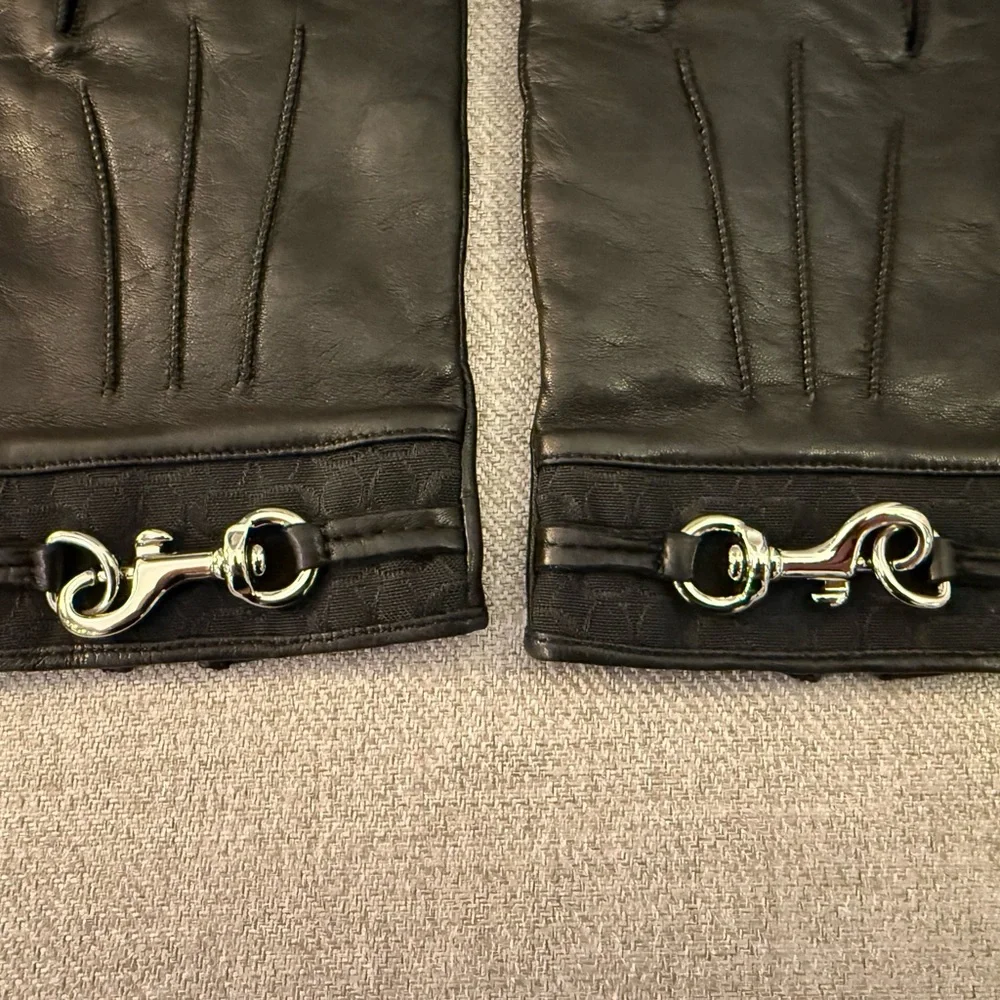 Coach Leather Gloves with Signature Cuff and Cashmere Lining - Black - Size 8